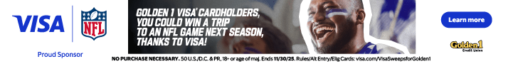Banner with text reading: Golden 1 Visa Cardholders, you could win a trip to an NFL game next season, thanks to Visa!