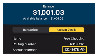 Sample of where to find account number on Mobile Online Banking