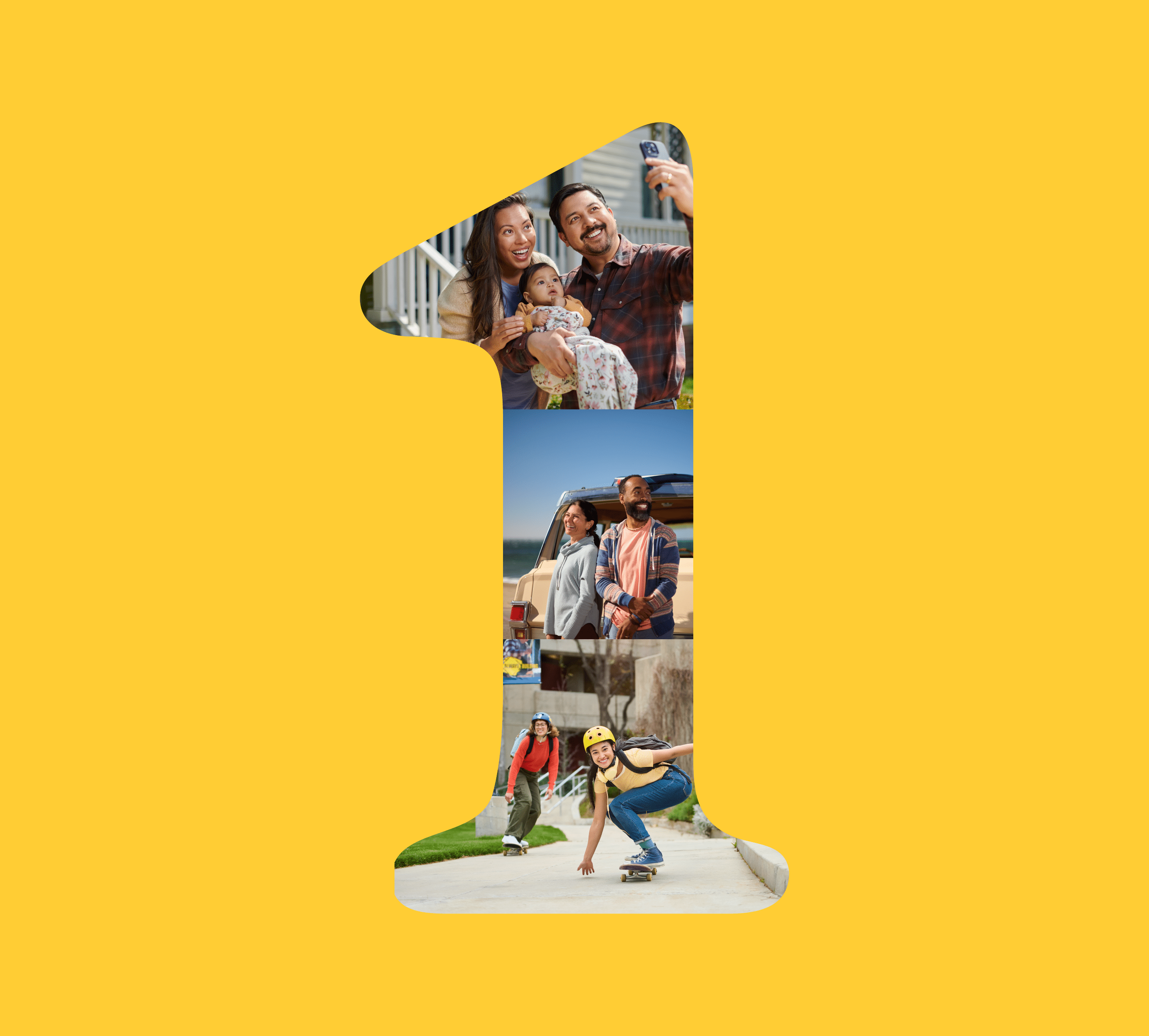 Golden 1 logo silhouette of number one with a collage of pictures of people.